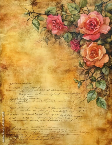 Antique rose floral illustration with vintage script on a textured background 