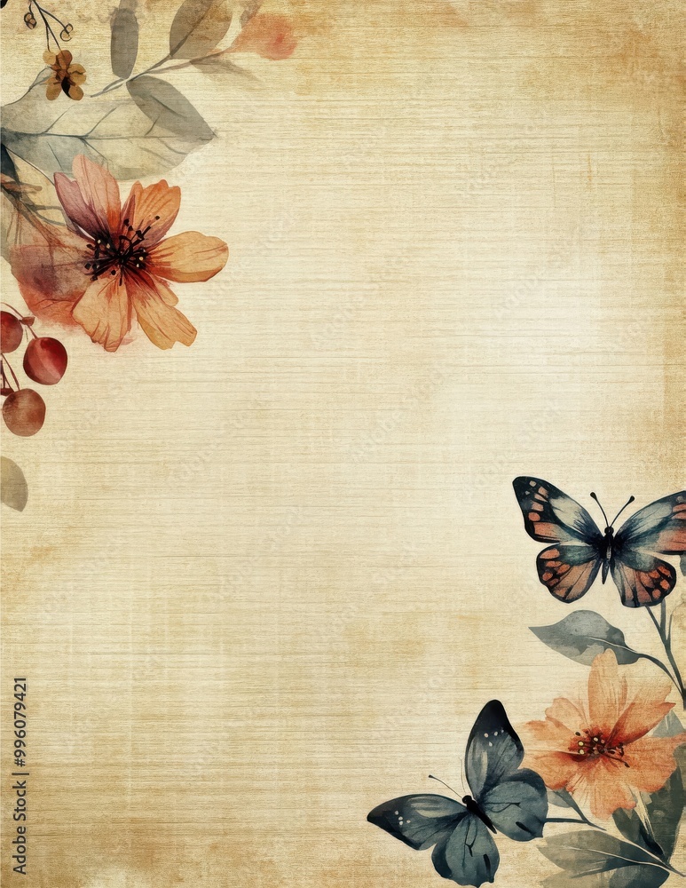 Butterflies and delicate floral accents on a soft vintage background
Butterflies and delicate floral accents on a soft vintage background