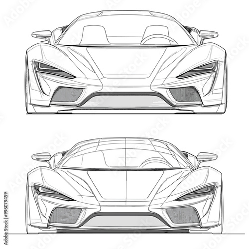 vector drawing of a sports car sketch from different sides with simple lines on a white background .Generative AI