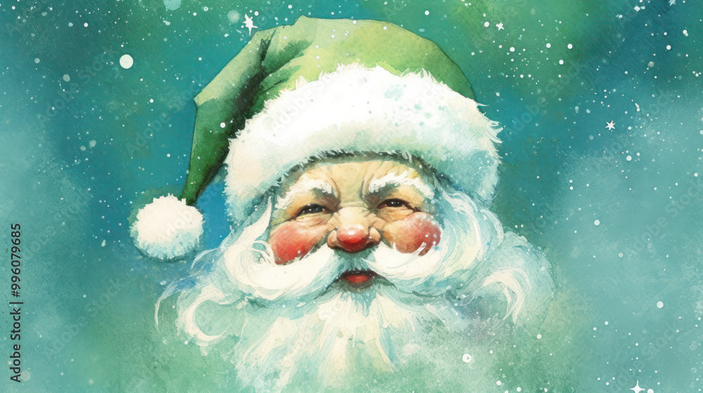 Watercolor of Santa Claus face on a vivid green background Watercolor of Santa Claus face on a vivid green background