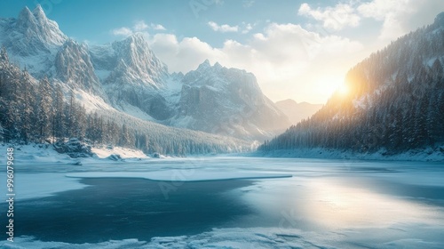 A scenic winter view of a frozen lake with tall mountains in the background, the snow-covered landscape glowing under the soft winter sun.