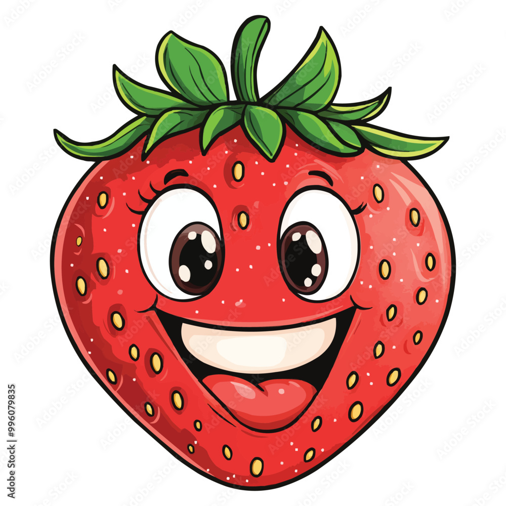 Obraz premium Vector Cartoon smiling strawberry with eyes and mouth with cute and happy face