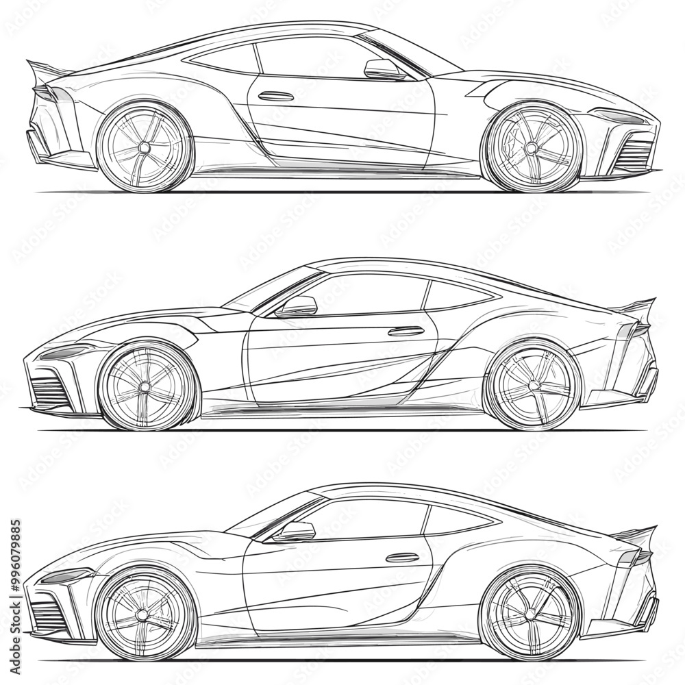 Fototapeta premium vector drawing of a sports car sketch from different sides with simple lines on a white background .Generative AI