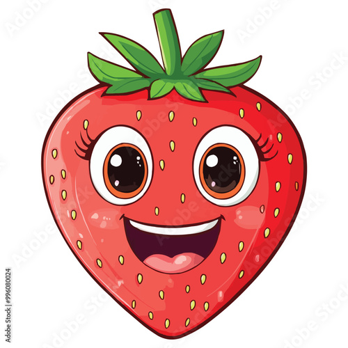 Vector Cartoon smiling strawberry with eyes and mouth with cute and happy face