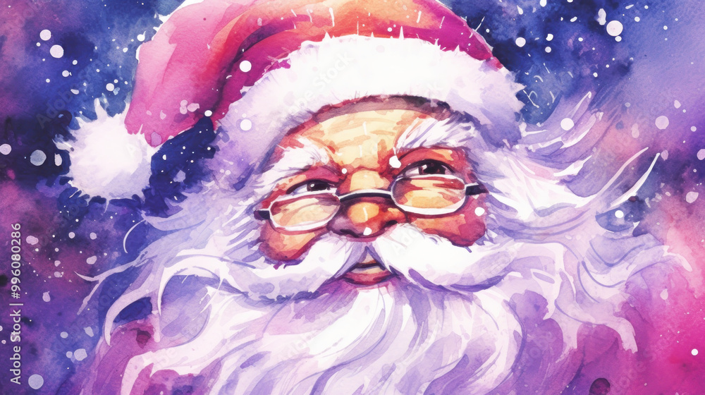 Obraz premium Watercolor of Santa Claus face on a vivid purple background