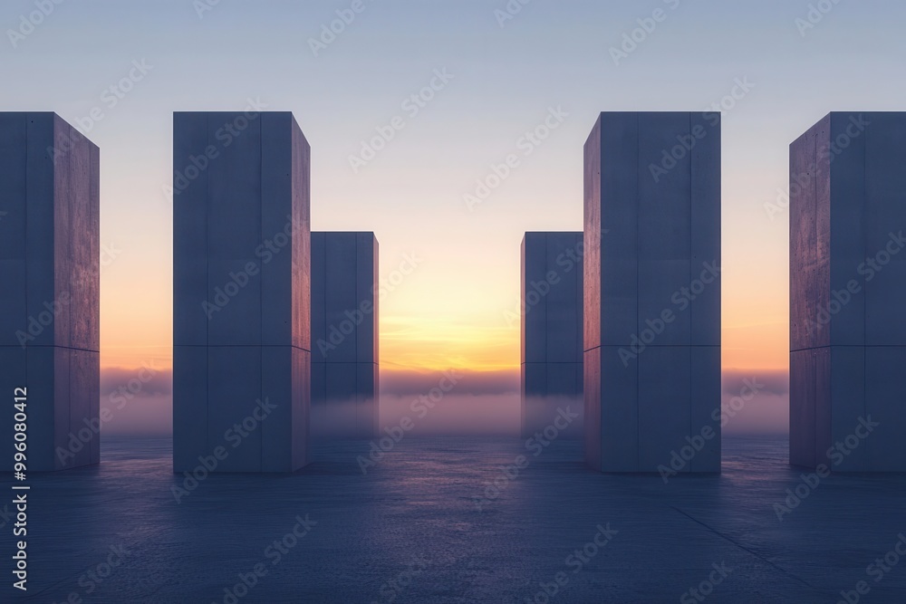 Low-angle view of massive tariff barriers constructed from giant concrete blocks Low-angle view of massive tariff barriers constructed from giant concrete blocks