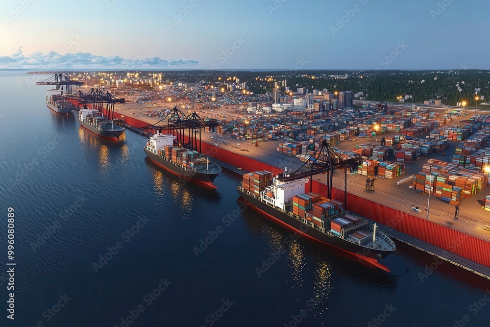 Obraz premium Wide-angle view of a bustling port city