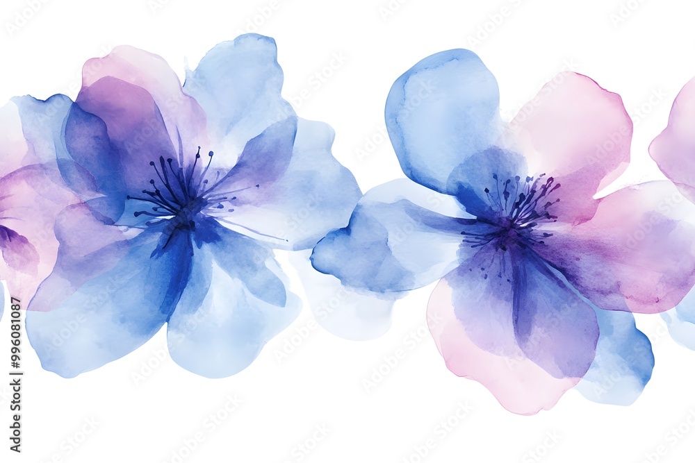 Fototapeta premium Abstract watercolor painting with blue and purple flowers on a background.
