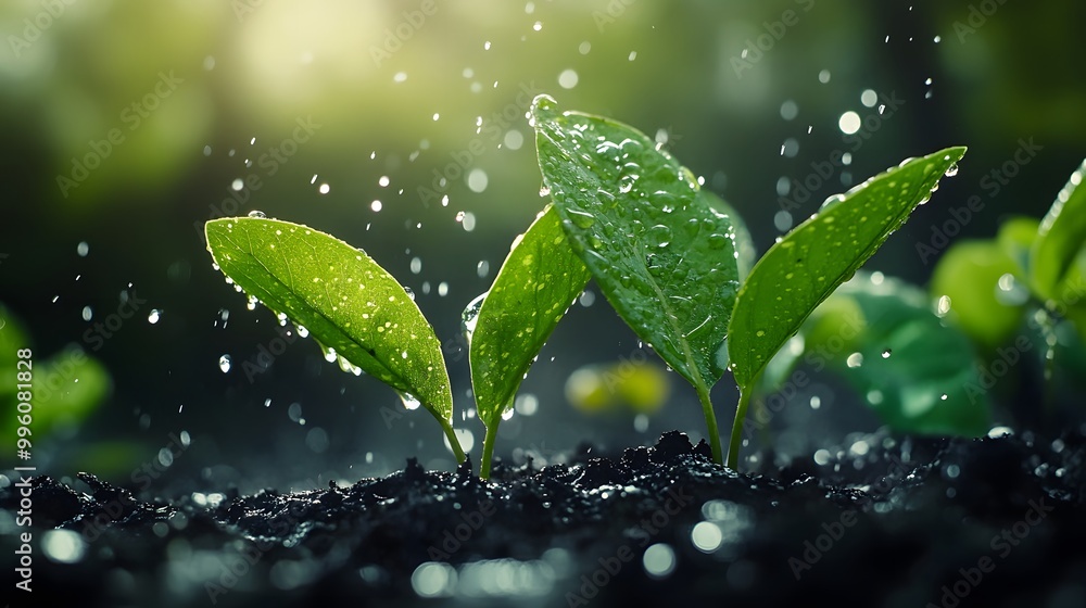 Raindrops on lush green leaves, capturing water droplets and sunlight filtered through rain, in a moody, vibrant nature scene with high detail and cinematic lighting. Raindrops on lush green leaves, capturing water droplets and sunlight filtered through rain, in a moody, vibrant nature scene with high detail and cinematic lighting.