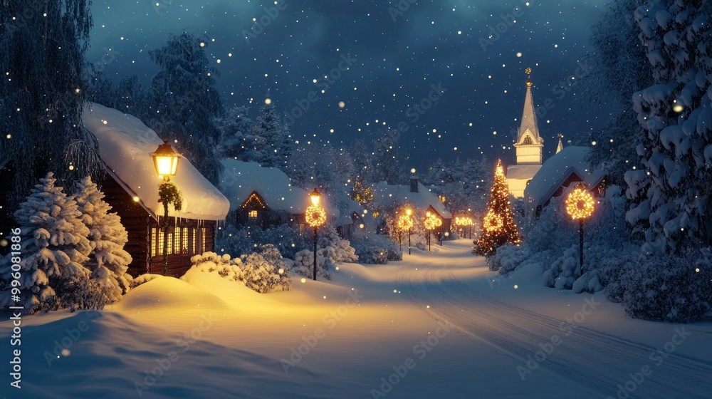 A serene snow-covered village lit by soft streetlights, with snow gently falling and holiday decorations glowing. A serene snow-covered village lit by soft streetlights, with snow gently falling and holiday decorations glowing.