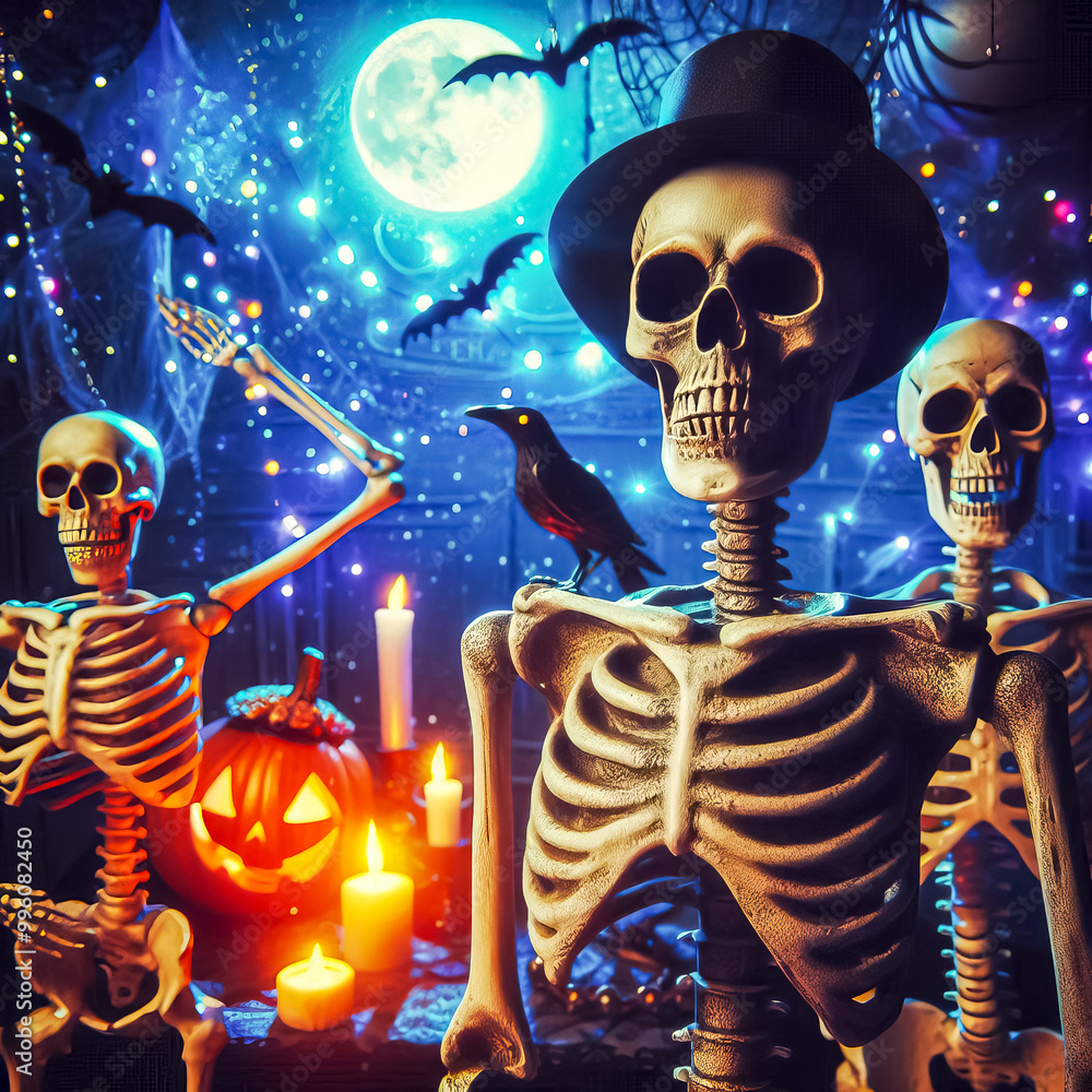 skeleton party festively dressed skeletons at a ball in honor of Halloween celebration, festive paraphernalia, horrible creature, moonlight, pumpkin face, candles and fireworks Halloween time skeleton party festively dressed skeletons at a ball in honor of Halloween celebration, festive paraphernalia, horrible creature, moonlight, pumpkin face, candles and fireworks Halloween time