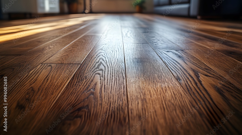 Obraz premium Rich brown hardwood flooring in close-up perspective, highlighting detailed wood grain texture and warm interior lighting, creating a cozy home atmosphere with rustic style.