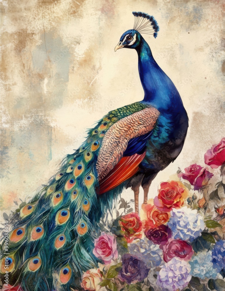 Obraz premium Elegant peacock standing amidst roses with a vintage textured background 