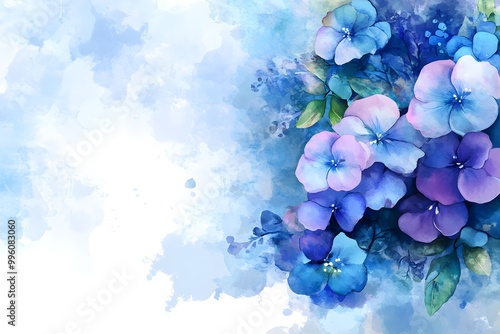 Abstract watercolor painting with blue and purple flowers on a background. 