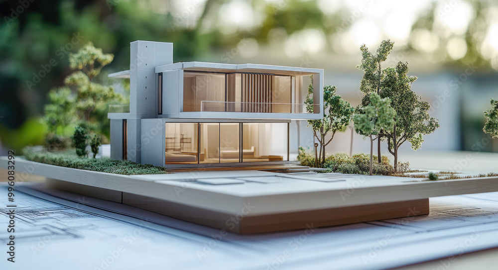 A close-up of an architectural model on top of blueprints, with the focus centered around one house in detail. The background is blurred to emphasize depth and clarity A close-up of an architectural model on top of blueprints, with the focus centered around one house in detail. The background is blurred to emphasize depth and clarity