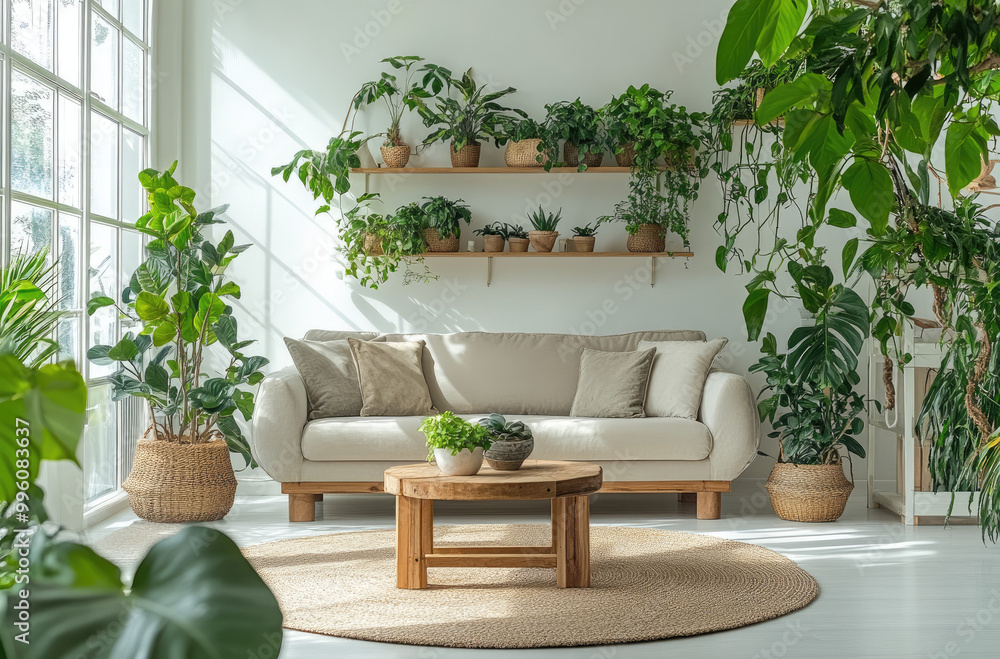 A cozy living room with plants, a sofa, and a coffee table, featuring natural greenery in the decor. The space is well-lit by large windows that add light to the room's white walls A cozy living room with plants, a sofa, and a coffee table, featuring natural greenery in the decor. The space is well-lit by large windows that add light to the room's white walls