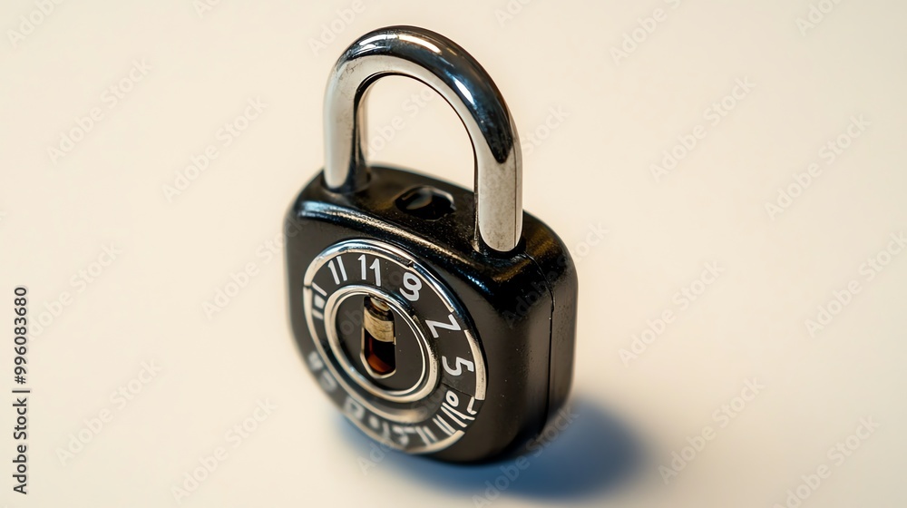 A black combination lock on a white background. A black combination lock on a white background.