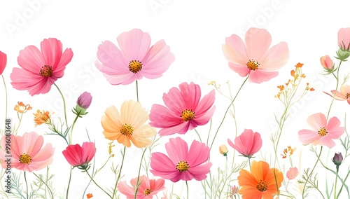 Wallpaper Mural Beautiful pink cosmos flowers with a watercolor painting effect on a white background, Torontodigital.ca