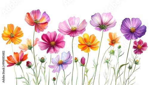 Beautiful pink cosmos flowers with a watercolor painting effect on a white background,