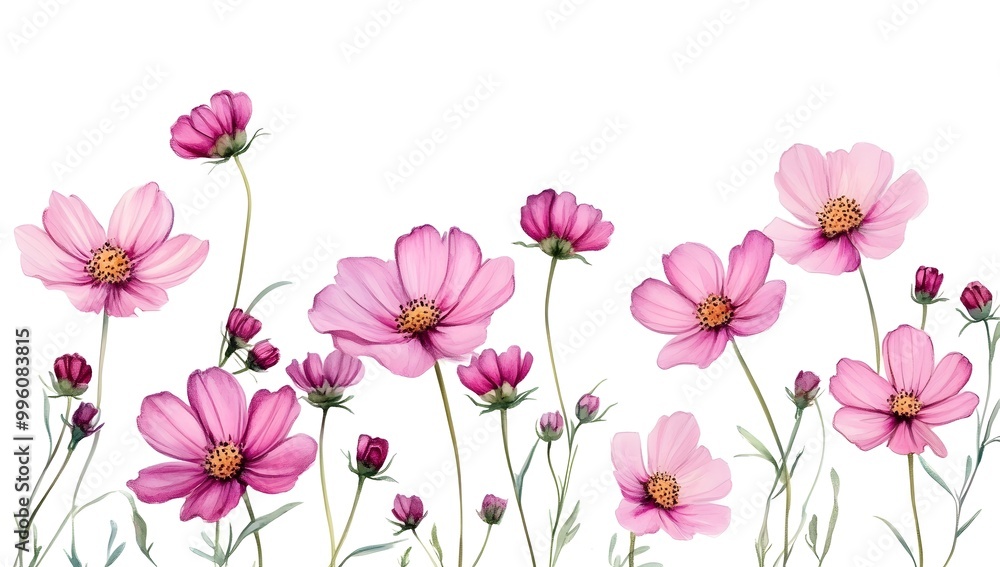 Beautiful pink cosmos flowers with a watercolor painting effect on a white background, Beautiful pink cosmos flowers with a watercolor painting effect on a white background,