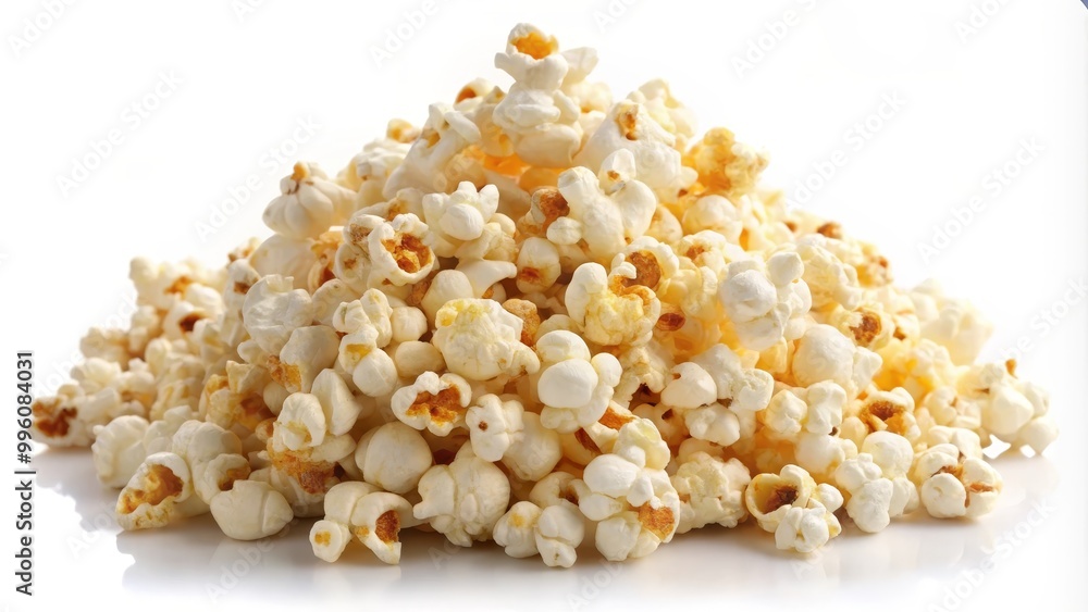 Large pile of freshly popped popcorn is laying on a white background Large pile of freshly popped popcorn is laying on a white background