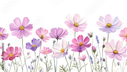 Wallpaper Mural Beautiful pink cosmos flowers with a watercolor painting effect on a white background, Torontodigital.ca