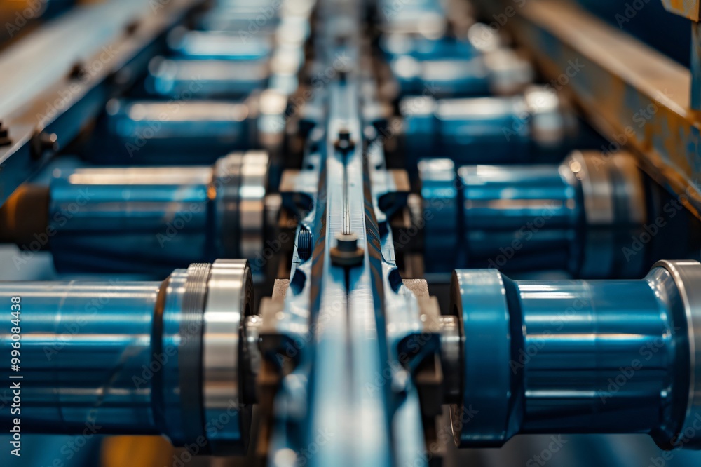 Naklejka premium Close up view of a roll forming machine shaping metal at a factory, showcasing the industrial manufacturing process