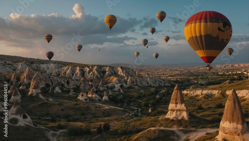 Cappadocia’s stunning terrain and colorful balloons creating a captivating sunrise view in the early light