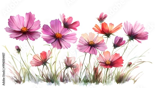 Beautiful pink cosmos flowers with a watercolor painting effect on a white background,