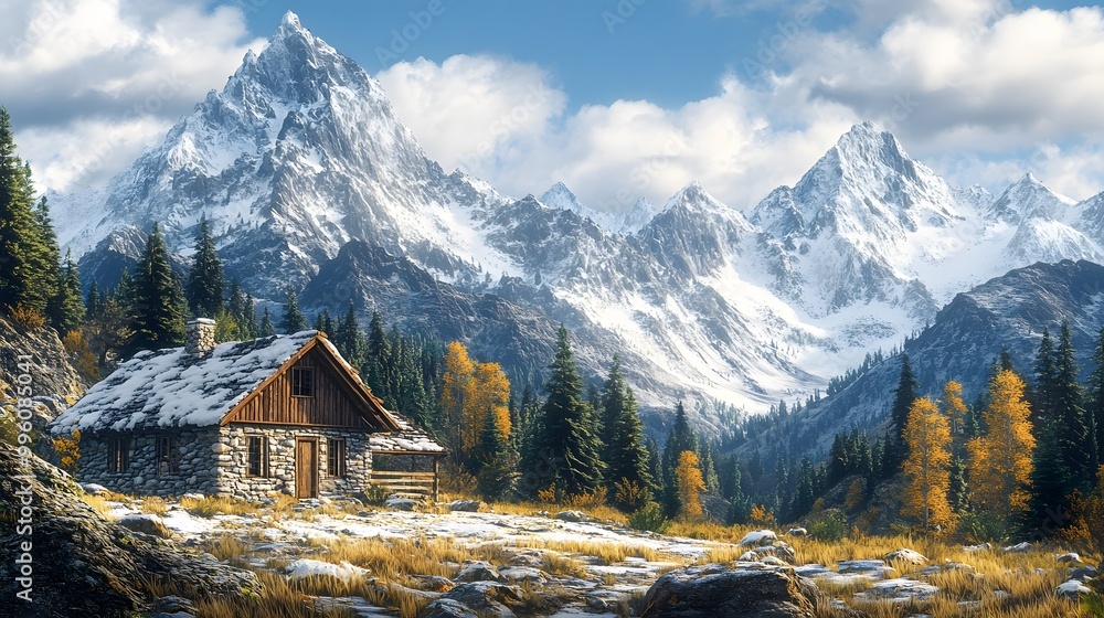 Snowy mountain landscape with a rustic stone cabin, majestic peaks, and dramatic clouds, creating a serene high-altitude setting with photorealistic rendering. Snowy mountain landscape with a rustic stone cabin, majestic peaks, and dramatic clouds, creating a serene high-altitude setting with photorealistic rendering.