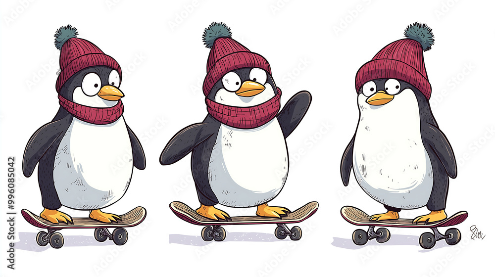 Fototapeta premium Three happy penguins wearing maroon beanies and scarves each one riding on a skateboard a cute illustration for kids on a blank white background