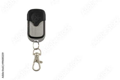 Black Car Key Fob Isolated on White Background – Remote Control, Security, and Automotive Keyless Entry System photo