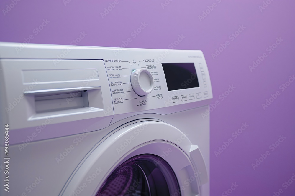 Modern washing machine is standing on a purple background, ready to do laundry Modern washing machine is standing on a purple background, ready to do laundry