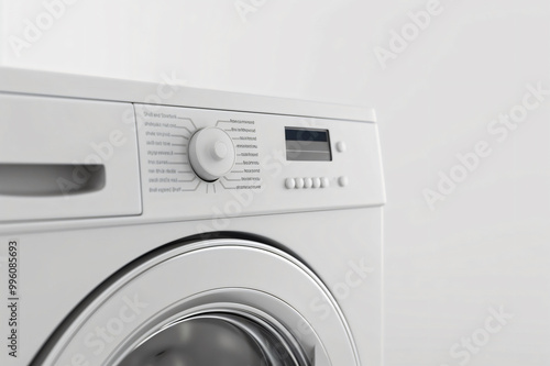 Modern washing machine standing on white background is waiting to be loaded with dirty laundry