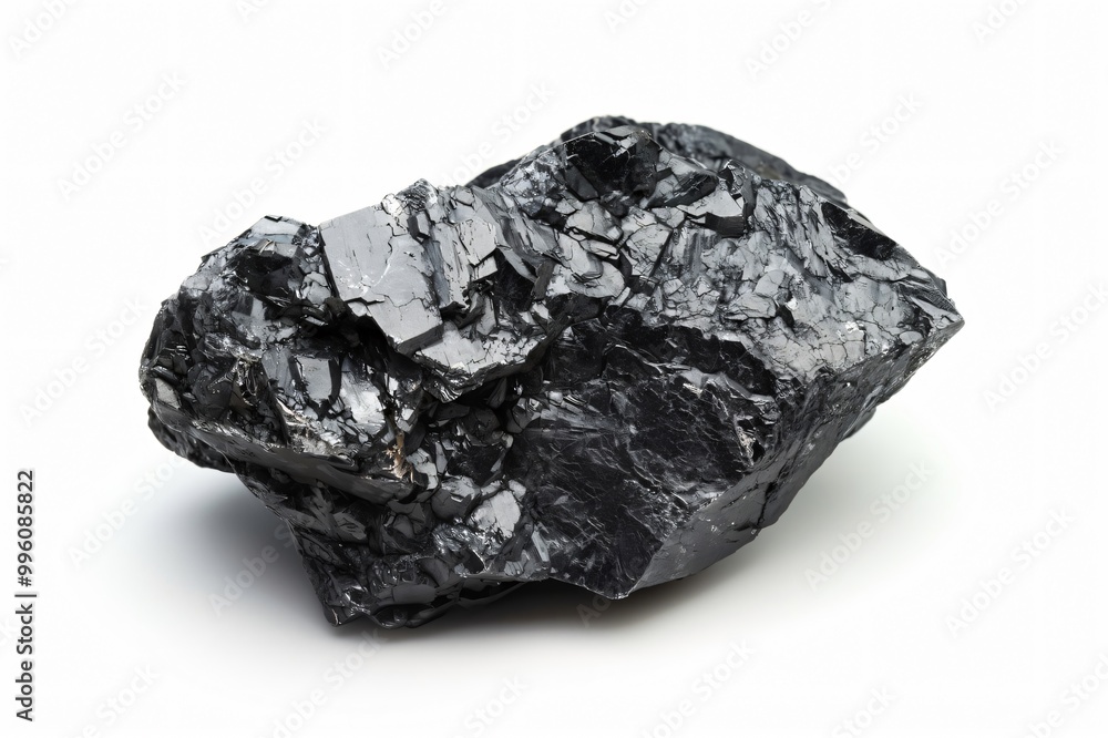 Piece of sphalerite, a zinc ore, sitting on a white background, showing its rough texture and dark color Piece of sphalerite, a zinc ore, sitting on a white background, showing its rough texture and dark color