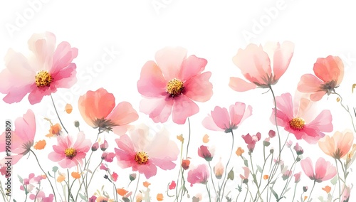 Wallpaper Mural Beautiful pink cosmos flowers with a watercolor painting effect on a white background, Torontodigital.ca