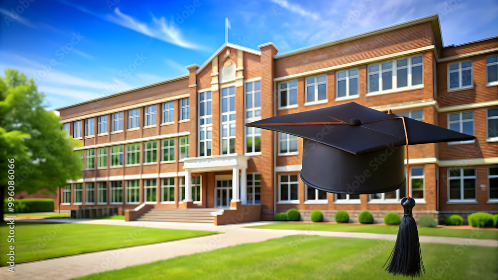 School building with graduation elements on a campus background, school, building, graduation,, campus, education School building with graduation elements on a campus background, school, building, graduation,, campus, education