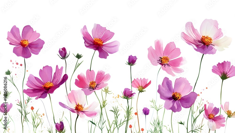 Beautiful pink cosmos flowers with a watercolor painting effect on a white background, Beautiful pink cosmos flowers with a watercolor painting effect on a white background,