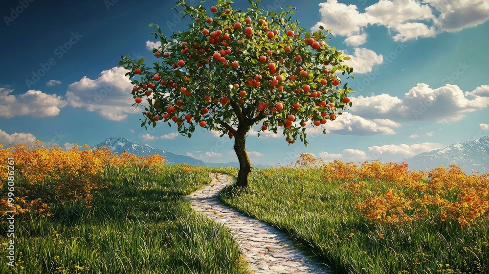 Fototapeta premium A garden where goal setting is a tree, each branch a different path, bearing fruits of various accomplishments