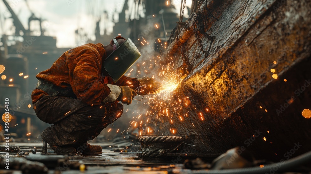 A solitary welder diligently working on a ship's hull, sparks flying in a burst of light against the industrial backdrop. A solitary welder diligently working on a ship's hull, sparks flying in a burst of light against the industrial backdrop.