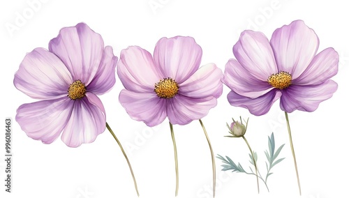 Beautiful pink cosmos flowers with a watercolor painting effect on a white background,