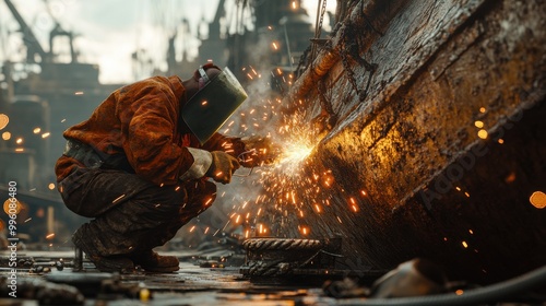 A solitary welder diligently working on a ship's hull, sparks flying in a burst of light against the industrial backdrop.