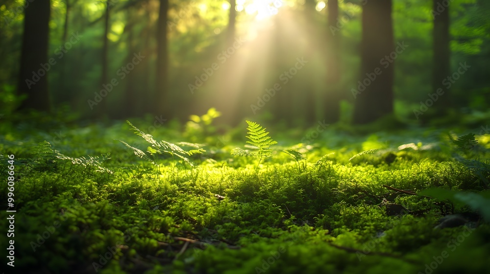 Vibrant forest floor with bright sunlight streaming through trees, lush moss, and delicate ferns, creating a dreamy woodland atmosphere with ethereal natural light. Vibrant forest floor with bright sunlight streaming through trees, lush moss, and delicate ferns, creating a dreamy woodland atmosphere with ethereal natural light.