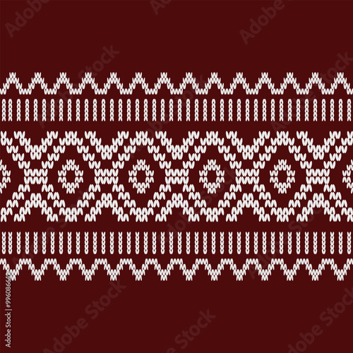 Ikat cross stitch geometric embroidery seamless knitted pattern on damask background. Perfect decorative design for sweater, fabric, decoration, illustration, ornament, texture, textile, interior 