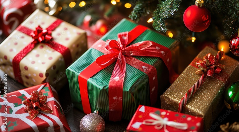 Colorful Christmas gift boxes under the tree, festive decor, ribbons, and wrapping, creating a joyful holiday atmosphere Colorful Christmas gift boxes under the tree, festive decor, ribbons, and wrapping, creating a joyful holiday atmosphere