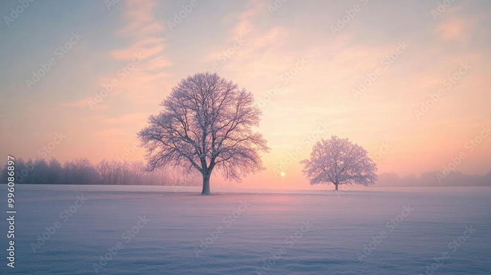 A serene view of a snow-covered field at sunrise, with frosted trees silhouetted against the soft colors of the morning sky. A serene view of a snow-covered field at sunrise, with frosted trees silhouetted against the soft colors of the morning sky.