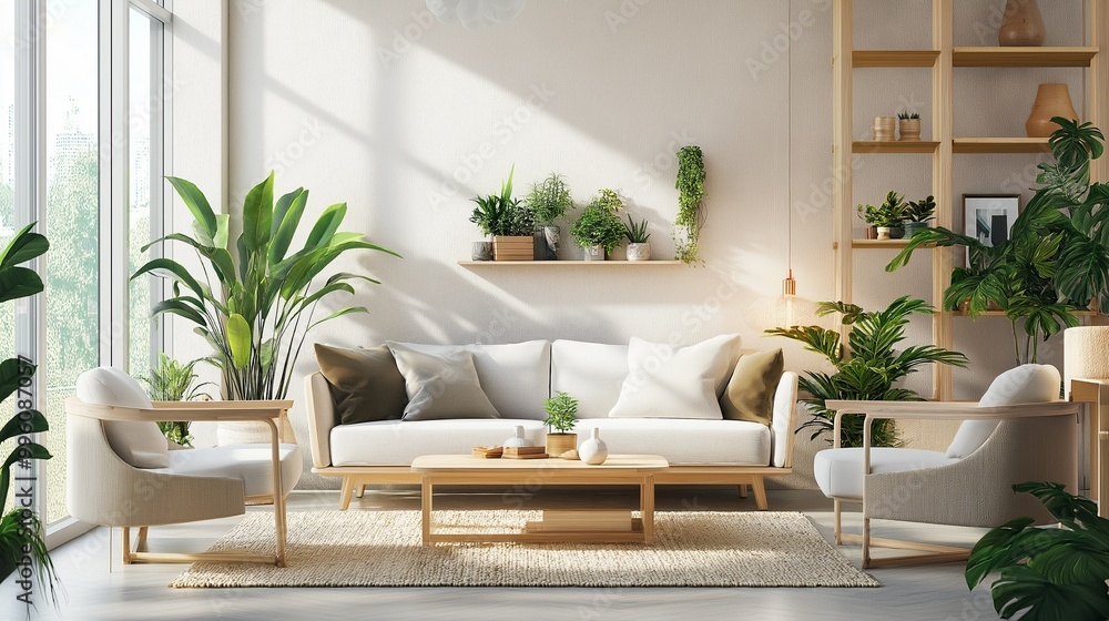 A bright, minimalist living room filled with lush green plants and large windows, offering a refreshing and modern space for relaxation. A bright, minimalist living room filled with lush green plants and large windows, offering a refreshing and modern space for relaxation.