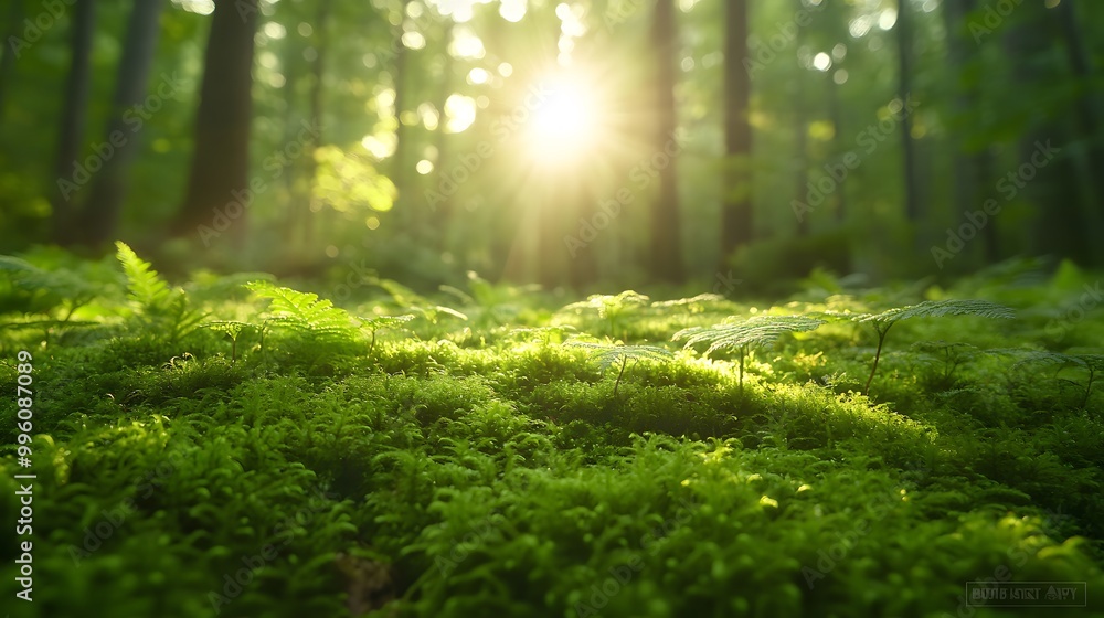 Vibrant forest floor with bright sunlight streaming through trees, lush moss, and delicate ferns, creating a dreamy woodland atmosphere with ethereal natural light. Vibrant forest floor with bright sunlight streaming through trees, lush moss, and delicate ferns, creating a dreamy woodland atmosphere with ethereal natural light.