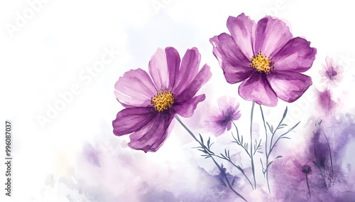 Beautiful pink cosmos flowers with a watercolor painting effect on a white background,