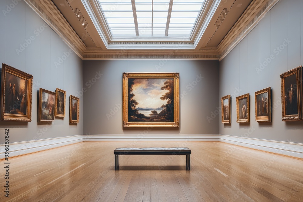 Obraz premium Gallery with Golden Framed Paintings and a Bench